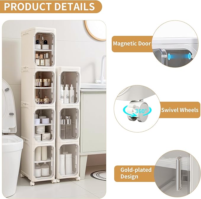 3-Tier Slim Tall Narrow Bathroom Storage Cabinet with Adjustable Shelves and Movable Wheels, Magnetic Doors, Plastic Storage Cabinets and Organizers for Small Space, Cream White