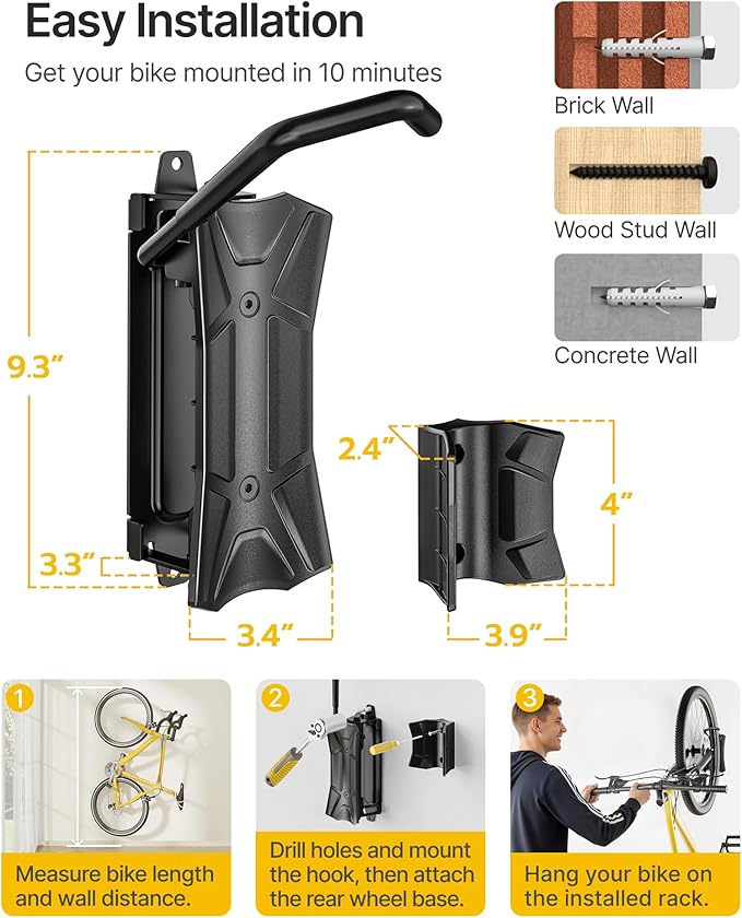monTEK Heavy Duty Bike Wall Mount, Swivel Bike Wall Hanger Holds Up to 77lbs, Space-Saving Bike Rack Garage, Bike Storage for Bedroom Home Office, 2 Pack