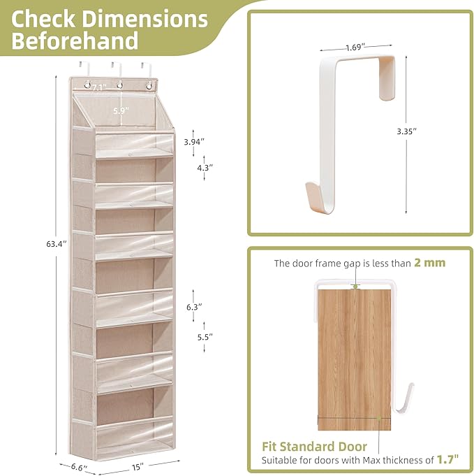 Over Door Organizer with 6 Extra Large Pockets 12 Side Pockets, 2-Pack Sturdy Closet Rack, Hanging Storage Organizer with Clear Window for Shoes, Diapers, Toys, Bedroom, Bathroom, Beige
