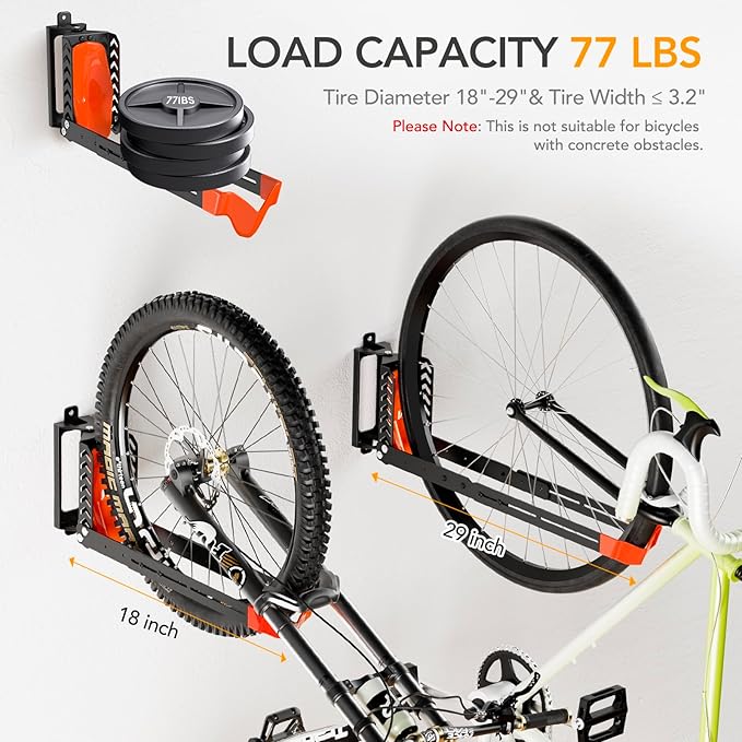 Swivel Bike Rack Wall Mount, Bike Hangers for Garage, Space-Saving Vertical Bike Holder, Holds up to 77 lbs, Bicycle Wall Hanger Storage, No Heavy Lifting Required Indoor Hanging Bike Rack-Orange