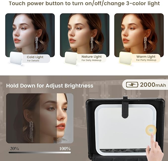 Makeup Case with Lighted Vanity Mirror, Makeup Organizer Box Travel Make up Case with LED Mirror Portable Cosmetic Train Case for Countertop Lockable Makeup Suitcase with Adjustable Dividers
