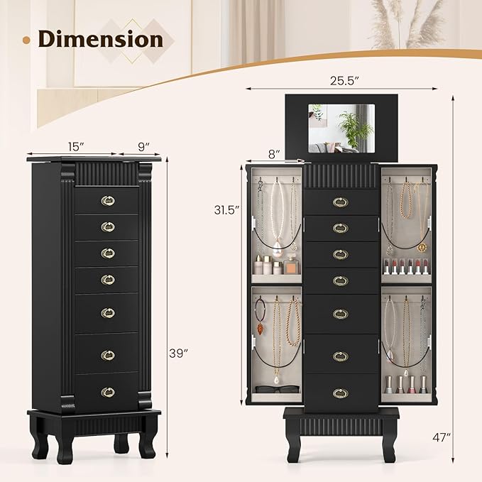 Giantex Standing Jewelry Cabinet with 7 Drawers, Flip-Top Mirror, 2 Side Doors with 12 Necklace Hooks, Divided Ring Compartments, Velvet-Lined Jewelry Armoire Organizer Chest (Black)