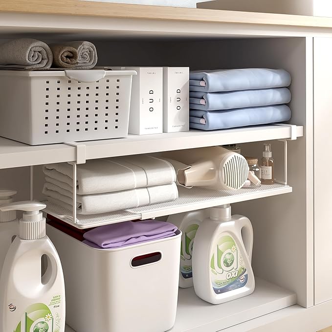 Expandable Under Cabinet Shelf, Extendable Under Shelf Storage with 0.94 Inches Thick Clips for Pantry Cabinet, Laundry Room, Shoe Rack. (White, 2 Pack, Interior: 3.66" H x 8.26" D)