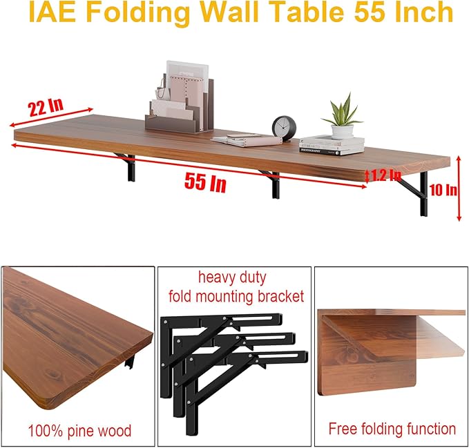 IAE Floating Wall Mounted Folding Table Desk with Pine Wood,55" x 22" Foldable Workbench,Fold Down Wall Mounted Foldable Desk with Shelf Brackets,Laundry Folding Table for Home,Dining,Kitchen,Teak