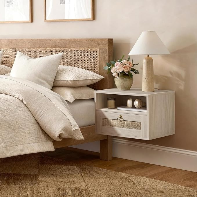 Floating Nightstand Set of 2 with Drawer for Wall Mounted Hanging Rattan Night Stand Bed Side Tables Wooden End Table Small Boho Dressers for Bedroom Farmhouse Shelves with Drawers