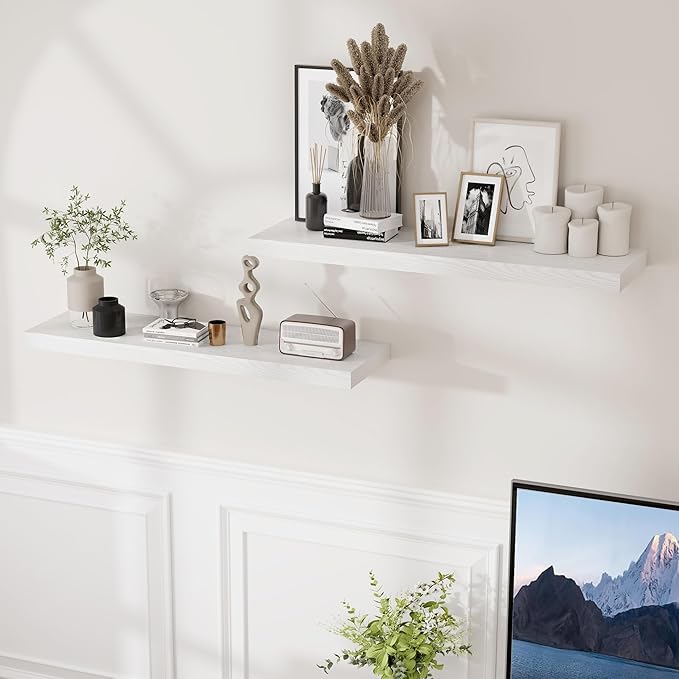 Fun Memories 36 Inch Floating Shelves White, 9.3 Deep Floating Shelf for Wall, Rustic White Wall Shelves 36x9.3x1.5 - Set of 2, Large Deep Shelf for Kitchen, Living Room Storage