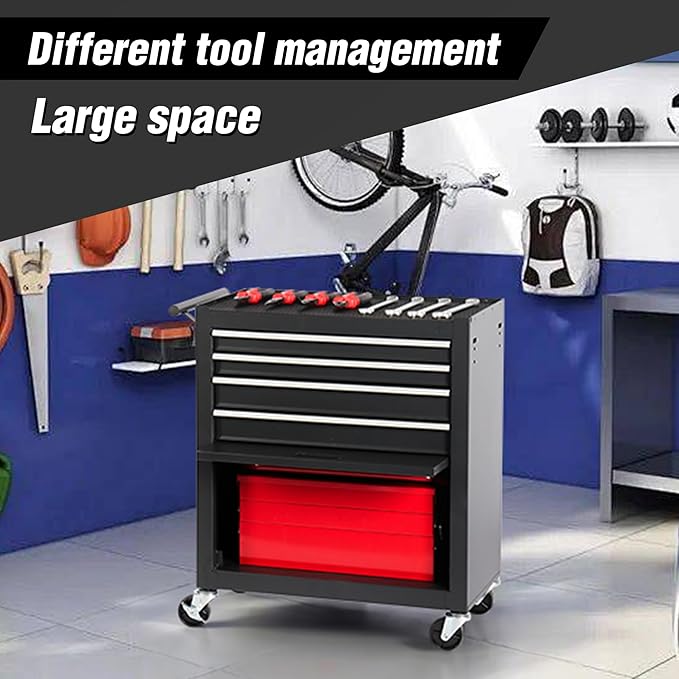 4-Drawer Rolling Tool Chest, Cabinet with 4 Wheels Tool Chest with Drawers, Suitable for Garages, Warehouses, Workshops, Repair Shops (4-Drawer Black)