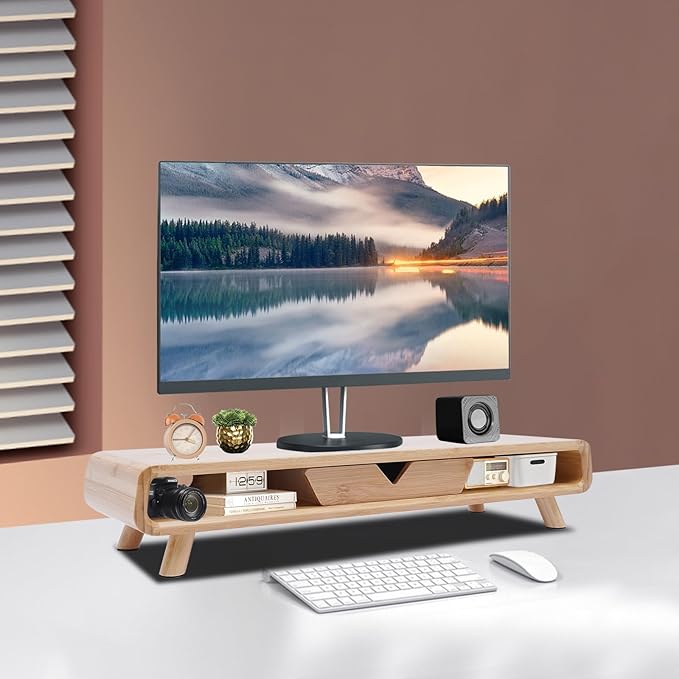 Monitor Stand Riser, 24inch Large Desk Computer Monitor Stand with 2 Wire Holes & Back Baffle, V-shaped Drawer, Desk Shelf Adds Storage for PC Monitor, Laptop, Printer