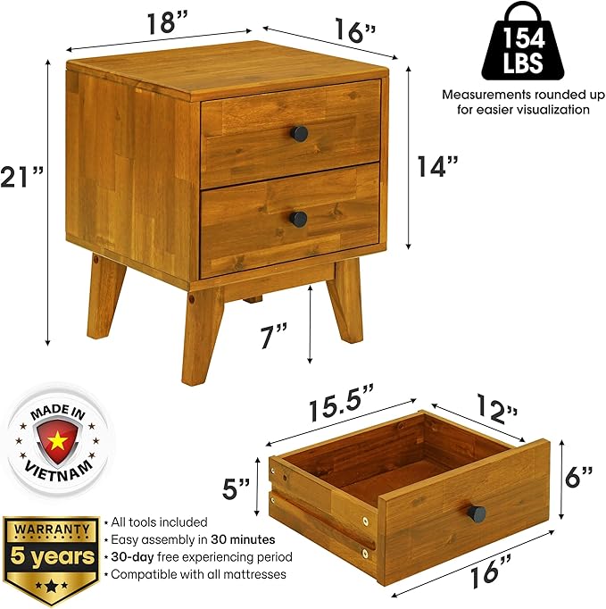 Acacia Silvia Nightstand with 2 Drawers, Solid Wood Bedside Table, Table with Storage Drawers for Bedroom, Bedside End Table with Drawer and Storage Space, Caramel
