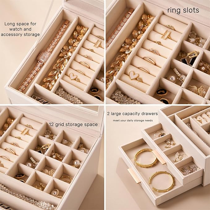 Jewelry Box Organizer with Glass Lid, 3-Layer Jewelry Storage, with 2 Drawers, Modern Style, 8 x 9.1 x 5.3 Inches (White)