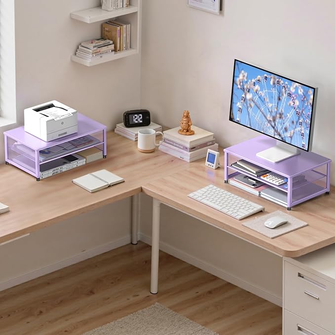Desk Organizers and Accessories, 2-Tier Metal Computer Monitor Stand Riser, Desk Organizer for Monitor, Printer & Laptop Stand, Desktop Workspace Organizers for Office Supplies(Purple)