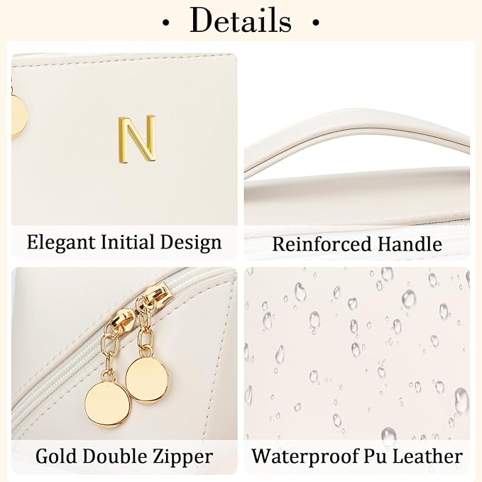 Birthday Gifts for Women Teen Girl, Personalized Initial Makeup Organizer Bag Set, Open Flat Travel Cosmetic Bag With Clear Divider and Handle(Beige,N)