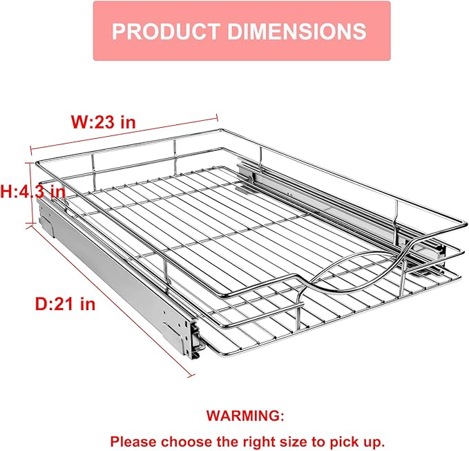 Pull Out Cabinet Organizer 23" W x 21" D, Heavy Duty Kitchen Cabinet Pull Out Shelves, Slide Out Wire Basket for Kitchen Cabinets, Bathroom, Pantry, Chrome Finish