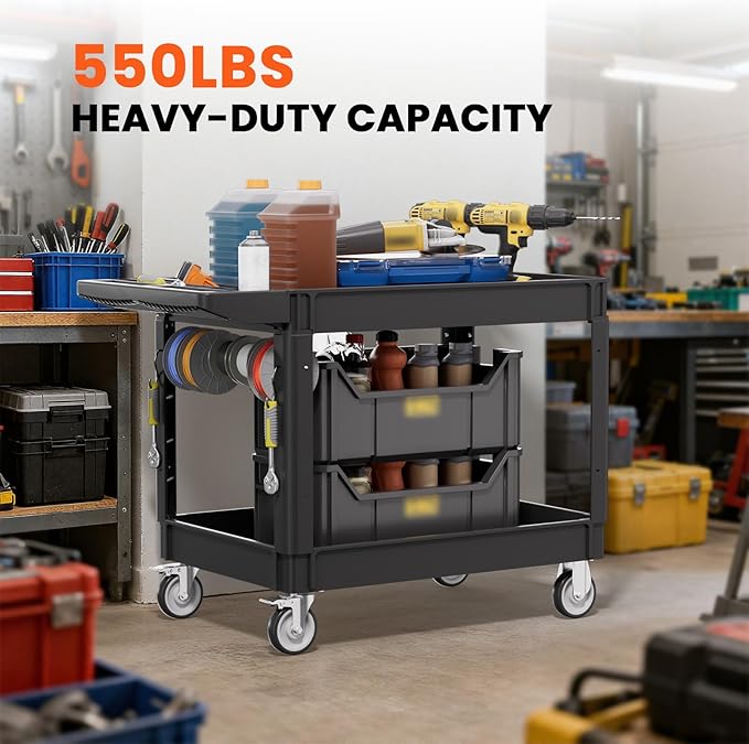 2 Tier Plastic Rolling Utility Cart on Wheels, Heavy Duty Tool Cart with Deep Shelves and 360° Swivel Wheels Holds up to 550 lbs, Service Cart for Warehouse,Garage, Cleaning (Black-L)
