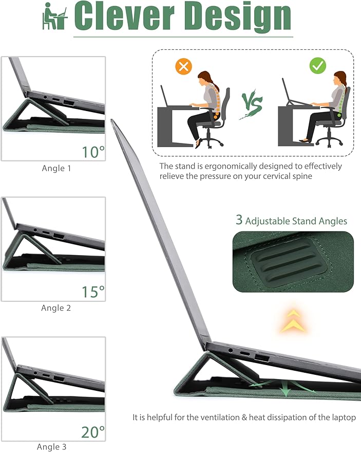 HYZUO 13 Inch Laptop Sleeve with Adjustable Stand for MacBook Air 13 M4 M3 M2 M1 2025-2018, MacBook Pro 13 M2 M1 2025-2016, Surface Pro, iPad Pro/Air 13 M4 M3 M2, XPS 13, with Pouch, Midnight Green
