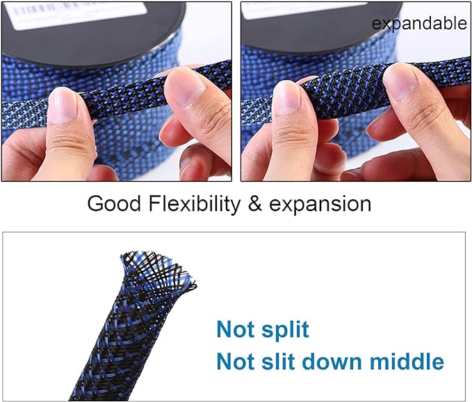 25ft - 1 inch PET Expandable Braided Sleeving – BlackBlue – Alex Tech Braided Cable Sleeve