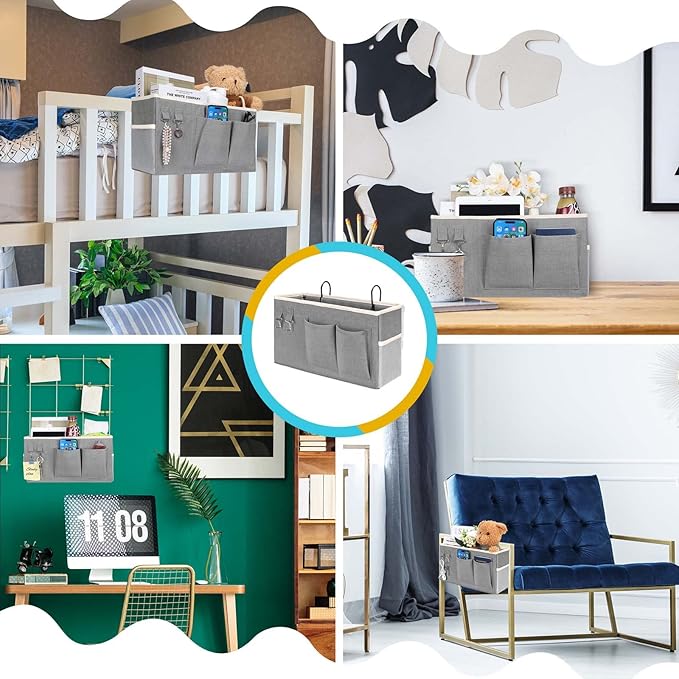 2pcs Bedside Caddy Hanging Storage Bag, Water Cup Holders, Organizer Baskets with Pockets for Bunk Bed Shelf, Hospital Beds, Loft & Dorm Rooms Accessories (Bedside bag-Grey)