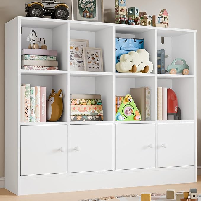 Cozy Castle White Wood Bookcase,12 Cube Storage Organizer Bookshelf with 4 Doors,3 Tier Storage Cabinet with Adjustable Shelves for Bedroom, Living Room, Office