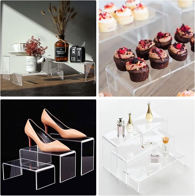 ANDGOO Large Acrylic Display Risers, 2 Sets(11.2”L~11.6”L~12”L) Clear Rectangular Showcase Collectibles Display Shelf, Retail Desktop Risers Display Stand for Organize and Decoration