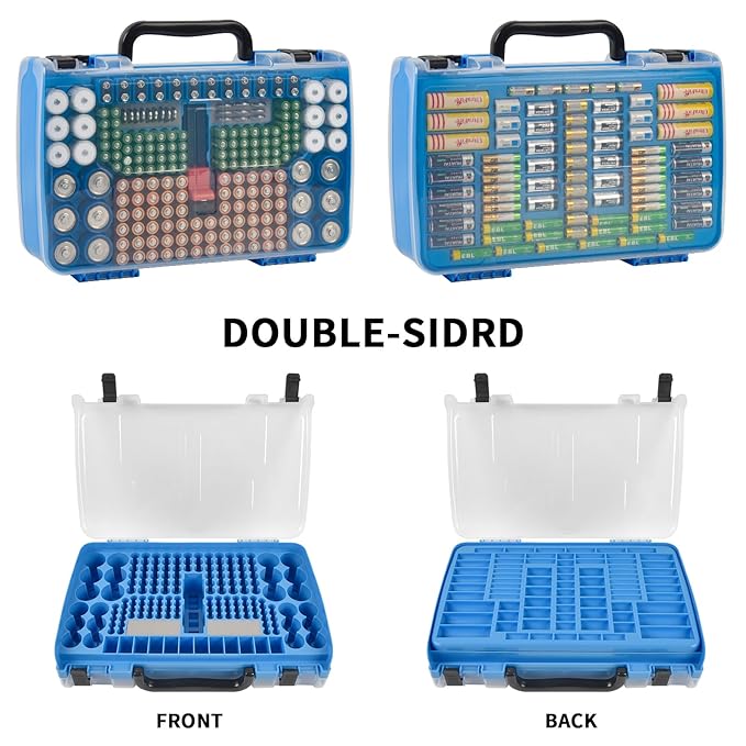 Battery Storage Organizer Case Holder Box with Tester, Double-Sided Batteries Fits for 269 Caddy Container AA AAA AAAA 3A 4A 9V C D Lithium 23A 4LR44 CR123A CR1632 CR2032 - Deep Blue