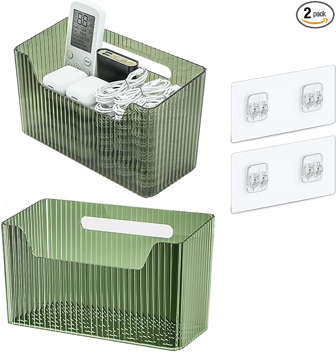 Set Of 2 Storage Organizer Bins Wall Mounted Shower Basket, Shower Caddy Stackable Clear Plastic Makeup Organizer Adhesive Hanging Bin for Bathroom, Kitchen, Cabinet, Pantry, BPA Free, Green