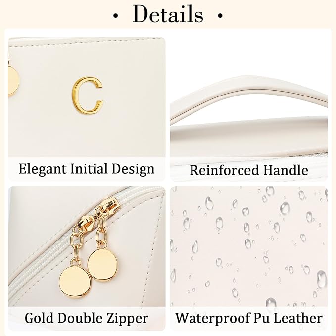 Birthday Gifts for Women Teen Girl, Personalized Initial Makeup Organizer Bag Set, Open Flat Travel Cosmetic Bag With Clear Divider and Handle(Beige,C)