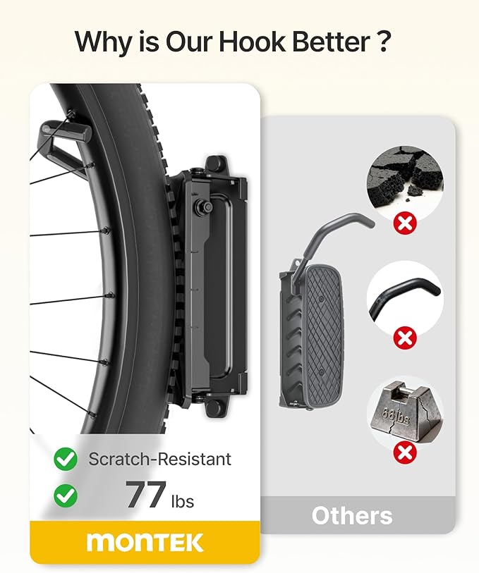 monTEK Heavy duty Bike Wall Mount, Swivel Bike Wall Hanger Holds Up to 77lbs, Space-Saving Bike Rack Garage, Bike Storage for Bedroom Home Office, 4 Pack