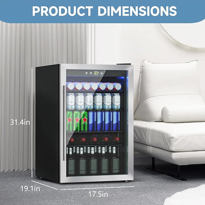 4.5 Cu.ft Beverage Refrigerator Cooler, 145 Can Mini Fridge with Glass Reversible Door, Digital Temperature Display for Soda, Beer or Wine For Office or Bar with Adjustable Removable Shelves