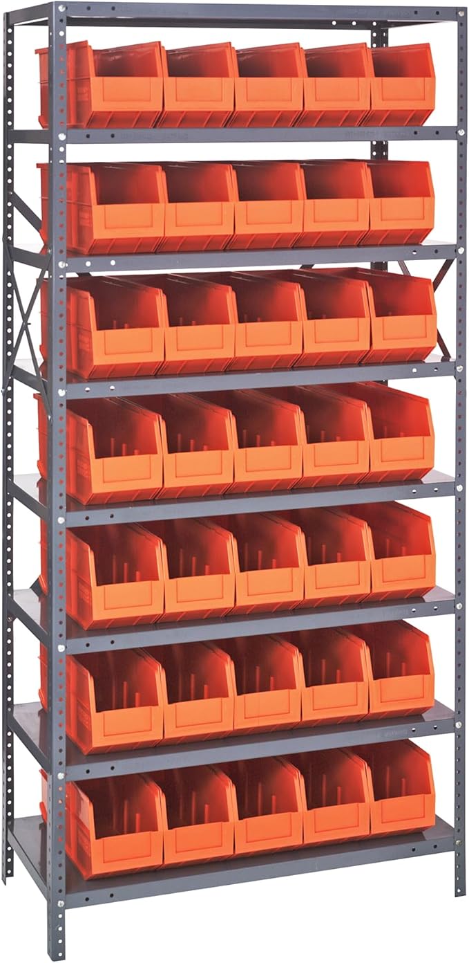 QUANTUM STORAGE SYSTEMS 1275-441OR Solid Heavy Duty 8 Shelves 35 Stackable Shelf Bins Orange Bins 75" H x 36" W x 12" D