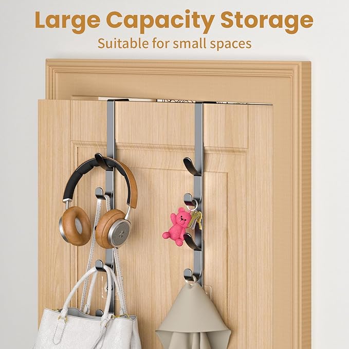 Over The Door Hooks, Metal Door Hooks for Hanging, Over The Door Purse Organizer for Door Coat Hanger, Back of Shower for Hanging Towel Rack Clothes, Hat, Bathroom, Closet (Black-2Packs)