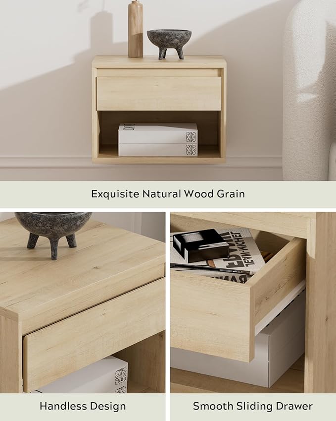 Floating Nightstand Set of 2, Wall Mounted Bedside Table with Storage Drawer and Open Shelf, Modern Night Stand withHandless Design for Living Room, Bedroom, Dorm, Light Oak