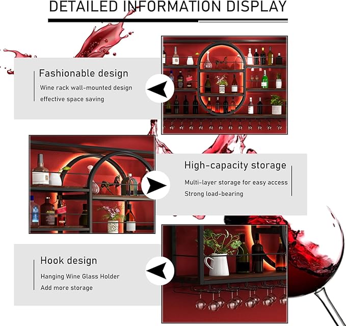 Large Wall Mount Wine Rack, Metal 4 Tier Large Capacity Hanging Bar Rack with Wine Glass Holder, Oval Wine Bottle Storage Display Rack for Kitchen, Living Room, Home (Black, 160cm/63in)
