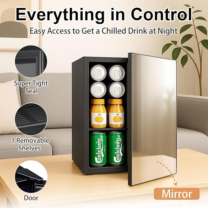 Compact Mini Fridge - 24 Cans/0.9 Cu.Ft Beverage Refrigerator with Mirrored Door & Digital Thermostat, Small Cosmetics Cooler for Skincare, Drinks, Food,Bedroom, Office, Dorm,Black