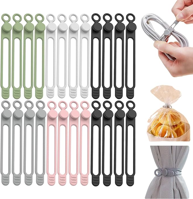 Data Cable Organizer, Silicone Cable Ties Reusable - Elastic Cord Organizer for Electronics, Adjustable Wire Ties for Cable Management,Computer Wires,Phone Charger,Earphone,Home Office (Mix, 20PCS)
