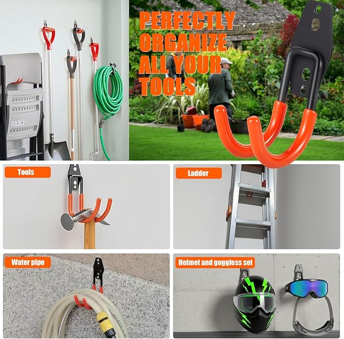 Heavy Duty Garage Storage Hooks, 2 Pack Utility Steel Garage Tool Organizer Wall Mount for Hanging Power and Garden Tools Ladders Hoses Bikes Ropes & Bulk Items