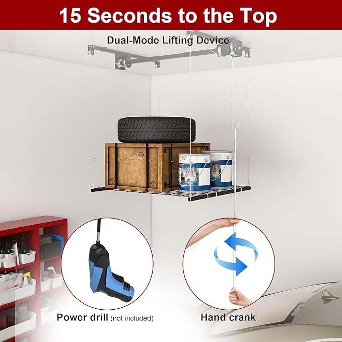 Overhead Garage Storage Rack 4x4 FT, Adjustable Ceiling Lift Storage System for 10–12 FT Ceilings, Heavy-Duty Steel Overhead Shelf with Crank Handle, Safety Lock, 250 lbs Capacity