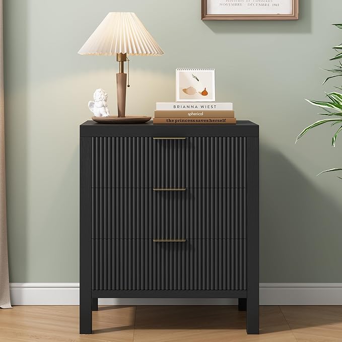 6 Drawer Dresser, Modern Wide Storage Chest of Drawers Organizer with Waveform Panel, Fluted Dresser with Spacious Storage and Golden Handles for Bedroom, Hallway, Entryway, （Black 2PCS）