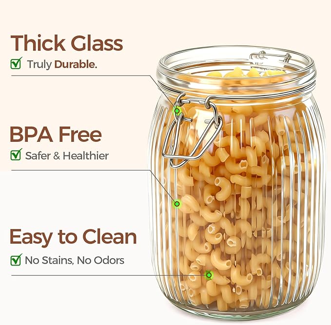 ComSaf Airtight Glass jar with lid 34oz Set of 3, Glass Storage Containers with Lids, Glass Canisters, Striped Clip Fastening Jar for Kitchen Canning, Tea, Pasta, Sugar, Beans, Cookie, Jam, Oat