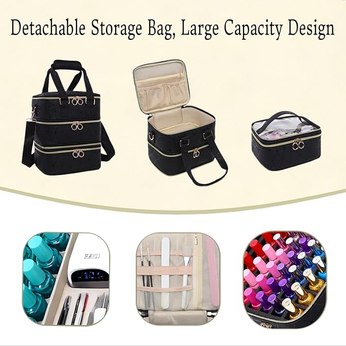 3 Layers Nail Polish Organizer Bag - Holds 60 Bottles,Portable Travel Case with Shoulder Strap,Nail Tech Kit Storage,Versatile Cosmetics Case,Detachable,Waterproof,Gifts for Women