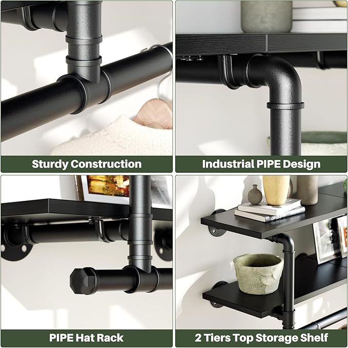 Aheaplus Industrial Pipe Clothes Rack with Top Shelf, 47In Space-Saving Wall Mounted Clothing Rack, 2 Tiers Heavy Duty Pipe Clothing Shelves with Hanging Rod for Laundry Room, Closet Storage, Black
