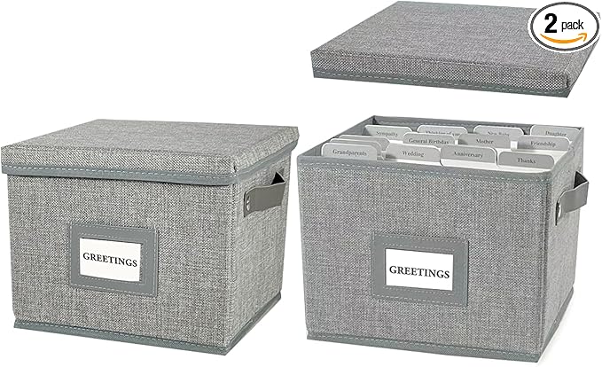 Greeting Card Organizer Box with 16 Dividers,Collapsible Greeting Card Storage Box with Handles Hold 150+ Cards,Greeting Card Holder for Greeting Cards,Sticker, Recipes, Photos, Envelopes,2-Pack