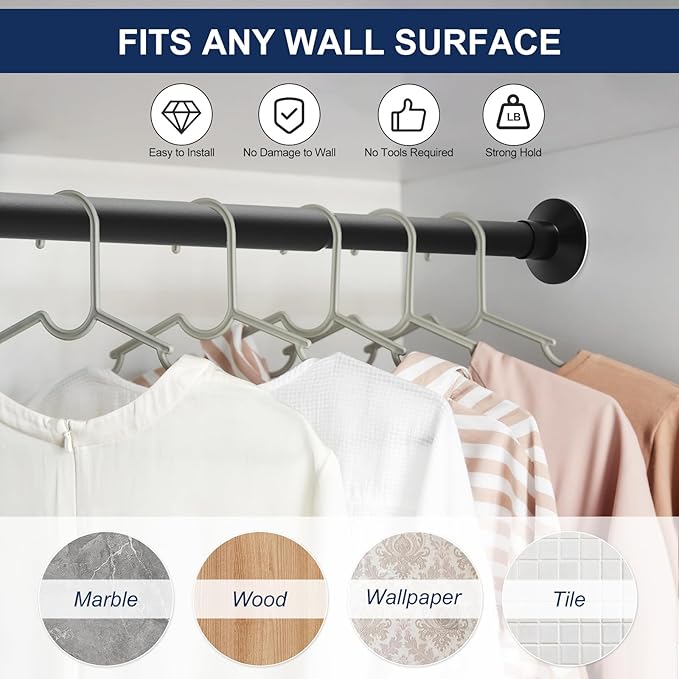 No Drilling Closet Rod, 27.5-82 Inches Hanging Closet Rod for Clothes, Closet Bar & Pole Heavy-duty, Closet Rods for Hanging Clothes For Closet Wardrobes Bathroom Laundry RV Curtains,Black