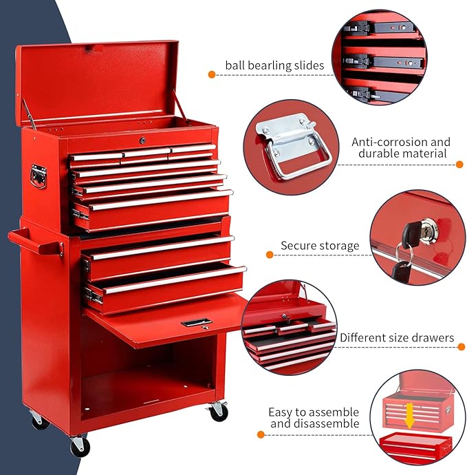 8-Drawer High Capacity Rolling Tool Chest, Removable Cabinet Storage Tool Box with Wheels and Drawers, Detachable Toolbox with Lock for Workshop Mechanics Garage