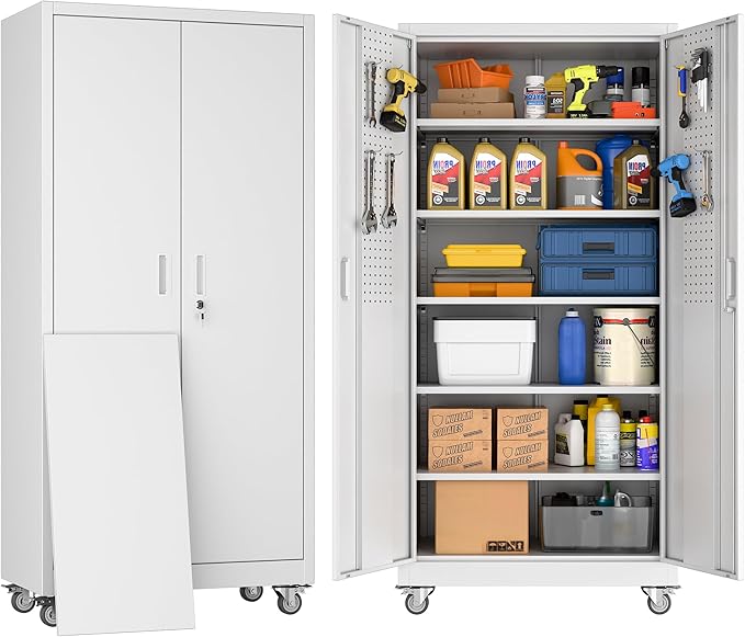 Metal Garage Storage Cabinet with Wheels & Pegboard, Lockable Metal Storage Cabinets with 2 Doors&5 Adjustable Shelves for Garage&Home,Assembly Required,White 71''H x32''W x16''D