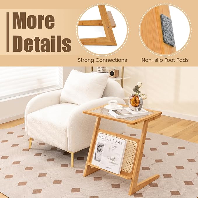 GOFLAME Rattan Side Table Set of 2, Z-Shaped End Table with Magazine Rack, Bamboo Sofa Side Accent Table with Glass Top, Small Boho Nightstand, Bedside Table for Small Space, Living Room, Bedroom