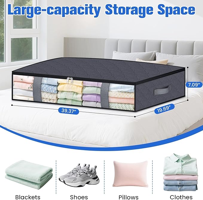 Under Bed Storage Containers, 6 Pack Blanket Storage Bags, Collapsible Storage Bags with Big Zippers, Clear Front, Shoe Storage and Organization for Clothes, Comforter, 90L, Grey