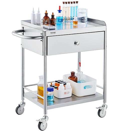 VEVOR Medical Cart, 2-Layer Stainless Steel Cart 220 lbs Weight Capacity, Lab Utility Cart with 360° Silent Wheels and a Drawer for Lab, Clinic, Kitchen, Salon