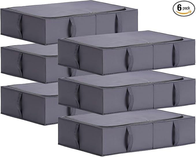 TYEERS Under Bed Storage Containers, Durable Fabric, Washable, Collapsible, Under Bed Storage Bins for Clothes, Blankets, Sheets, Shoes, 27.5x16.5x7 Inches, 6-Pack, Dark Grey