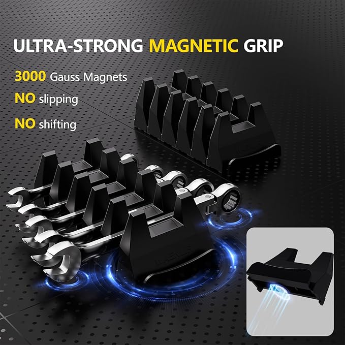 48PCS Magnetic Modular Wrench Organizer Set - Tool Drawer Storage Rack with Metric & SAE Labels, Wrench Holder with Magnet, Perfect Tool Gift for Men, father, boyfriend, DIYers & Mechanics (Black)