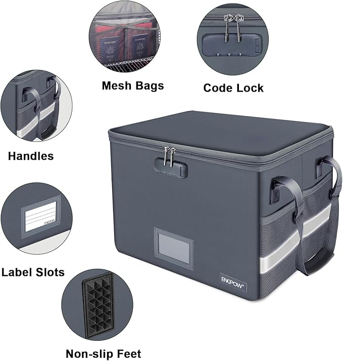 ENGPOW File Box with Lock, Fireproof Document Box with Zipper Lid, Collapsible File Organizer Storage Filing Cabinet with Handle, Portable Home Office Safe for Hanging Letter/Legal Folders, Grey